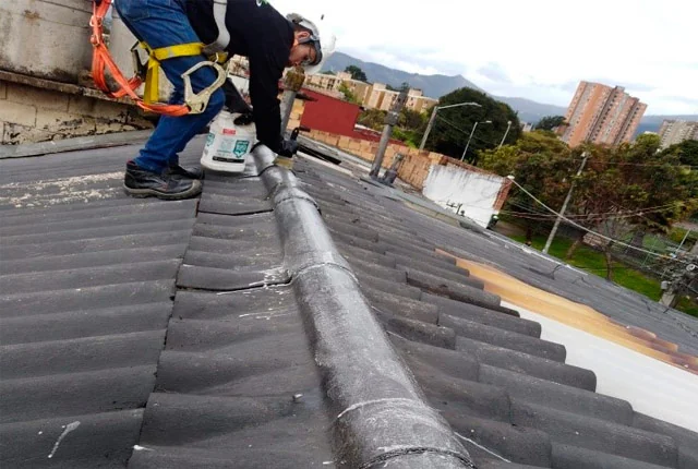 Tecnico de control de plagas aplicando gel repelente para palomas